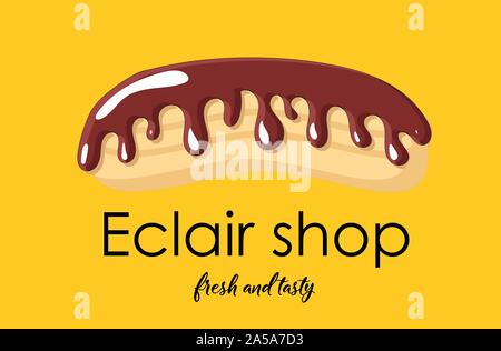 Logo or signboard design. Shop eclairs. Yellow background. Eclair with chocolate icing.. Stock Vector