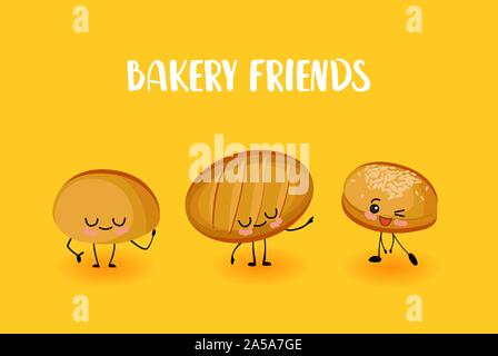 cute kawaii characters, bakery products. Bread, roll and loaf.. Stock Vector