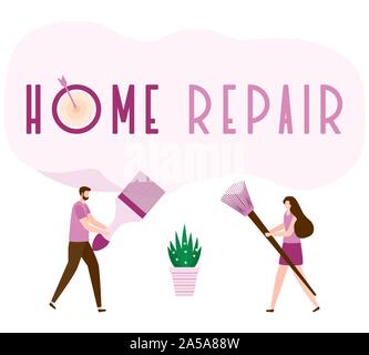 Vector illustration with people holding tools for painting works, home repair inscription. Painting, repair of premises. Building, construction, home Stock Vector