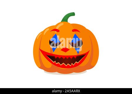 Spooky pumpkin jack o lantern with creepy ghost joker clown smile. Traditional happy halloween holiday celebration horror decoration evil symbol. Flat vector illustration isolated on white background Stock Vector