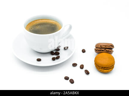 Coffee cup and macarons isolated on white background Stock Photo