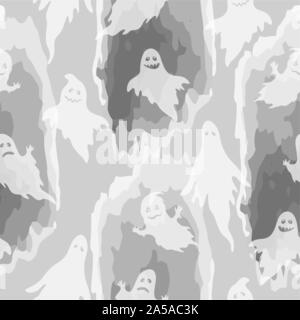 Seamless Halloween Pattern, Flight Cartoon Ghosts Silhouettes, Tile Holiday White and Grey Background. Vector Stock Vector