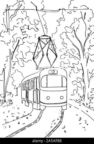 Retro tram goes along the route through the autumn forest. Hand drawn tram. Sketch. Vector, illustration. Stock Vector