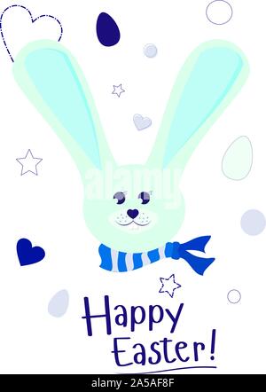 Happy Easter greeting card with cute blue bunny and eggs. Vector illustration. Stock Vector