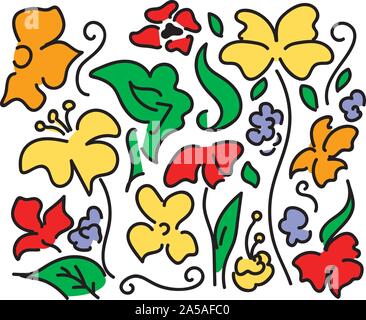 Colorful floral pattern. Stylized flowers, plants on the white background. Drawn decorative flowers pattern. Stock Vector