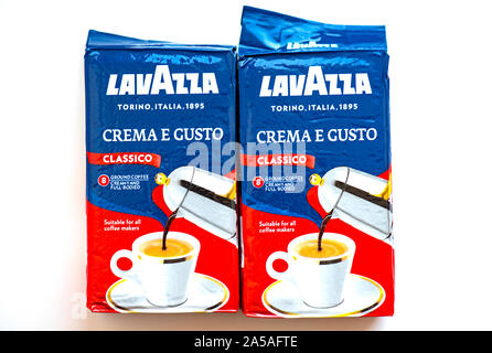 BOLOGNA - JUL 21. Packs with Lavazza coffee in Bologna on July 21. 2017 in Italy, Luigi Lavazza is an Italian manufacturer of coffee products. Stock Photo