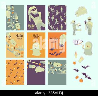 Set of bright vector Halloween party invitations or greeting cards. Collection of Halloween isolated stickers with traditional symbols. Ghosts, mummie Stock Vector