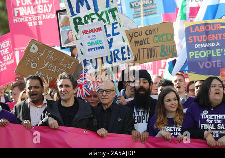 Sir Patrick Stewart (front centre) and Stephen McGann (front centre left) join protestors in an anti-Brexit, Let Us Be Heard march on Old Park Lane as they head to Parliament Square in London, after Prime Minister Boris Johnson delivered a statement in the House of Commons, on his new Brexit deal on what has been dubbed 'Super Saturday'. Stock Photo