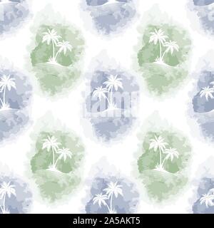 Exotic Floral Seamless Pattern, Tropical Palms Trees Silhouettes on Abstract Tile White, Green and Blue Background. Vector Stock Vector
