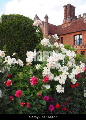 Portrait of Chenies Manor House from garden.Fine weather clouds, ancient brickwork and twisted chimneys with September blooming dahlias and roses. Stock Photo