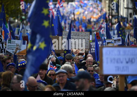 People take part in an Anti-Brexit, Let Us Be Heard march as they head to Parliament Square in London, after Prime Minister Boris Johnson delivered a statement in the House of Commons, on his new Brexit deal on what has been dubbed 'Super Saturday'. PA Photo. Picture date: Saturday October 19, 2019. See PA story POLITICS Brexit. Photo credit should read: Victoria Jones/PA Wire Stock Photo