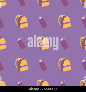 Seamless pattern with backpack and spray paint for fabric design on violet background. Abstract concept graphic element. Vector stationery pattern. Stock Vector