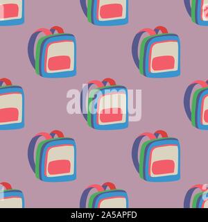 Cartoon illustration with seamless pattern with multicolor backpack on violet background for print design. Modern colorful flat decoration vector elements. Stock Vector