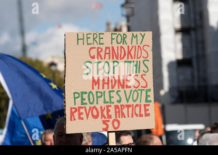 People's Vote March. A huge march is taking place in London by pro European Union factions protesting against the impending Brexit deal under the general heading Together for the Final Say. This date has been chosen to coincide with the Benn Act deadline by which time Parliament need to vote on the Brexit deal. Parliament is currently sitting Stock Photo