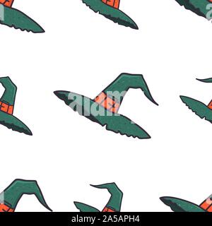 Witch hat spooky seamless pattern on white backdrop. Halloween costume element. Witch cartoon illustration. Vector design. Stock Vector