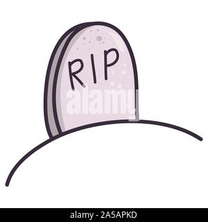 Cartoon illustration with rip gravestone on white background. Flat vector icon. Scary halloween art. Tombstone cemetery isolated. Stock Vector