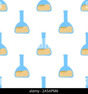 Seamless pattern with chemistry glass flask for wrapping paper design. Laboratory glassware. Biology, science, education, medical. Decorative backdrop vector. Stock Vector