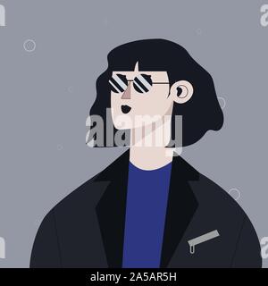 Vector hand drawn illustration of pretty girl in sunglasses with lettering. Portrait isolated made in vintage style. Stock Vector