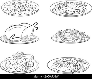 Set of Food Pictograms, Pizza, Steak, Baked Chicken, Fish and More. Black Contours Isolated on White Background. Vector Stock Vector