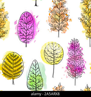 Autumn seamless pattern with red and orange watercolor trees on a white background. Hand drawn  illustration Stock Photo