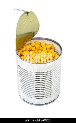 Canned sweet corn in a tin can with pull tab. Side dish and ingredient for salads. Isolated on a white background. Vegetarian food. Stock Photo