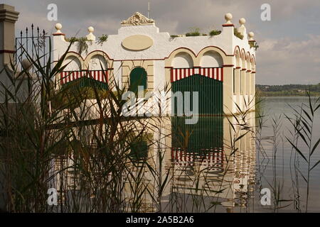 Beautiful floating house on Lake Banyoles Stock Photo