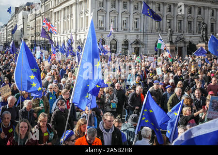 London, UK, 19 Oct 2019. Hundreds of thousands of protesters in colourful outfits, with flags and banners, and from all over the UK, march for the right to a 'People's Vote' on any Brexit deal reached.  The march makes its way on a route from Park Lane, Hyde Park, through central London, and ends in Parliament Square where Parliament today sits to vote on the deal. Credit: Imageplotter/Alamy Live News Stock Photo