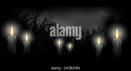 Halloween night landscape and candles shining in the forest Stock Photo