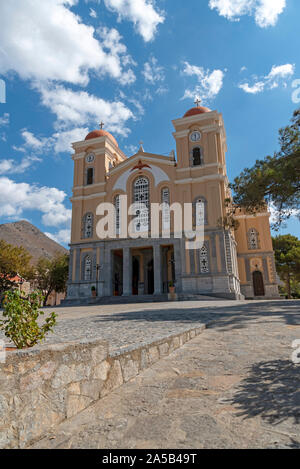 Neopolis, northern Crete, Greece.   On the Old National Road as driving into Neopolis a Cretan historic town is the Church of the Virgin Mary Stock Photo