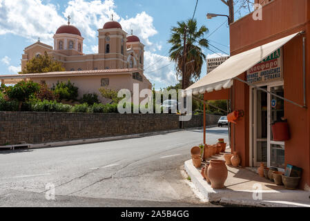 Neopolis, northern Crete, Greece.   On the Old National Road as driving into Neopolis a Cretan historic town is the Church of the Virgin Mary Stock Photo