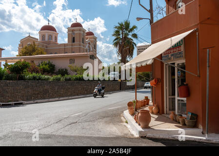 Neopolis, northern Crete, Greece.   On the Old National Road as driving into Neopolis a Cretan historic town is the Church of the Virgin Mary Stock Photo