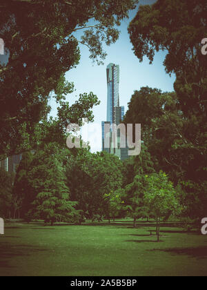 Eureka Tower viewed from Kings Domain, a scenic park in the city of Melbourne, Victoria, Australia. Stock Photo