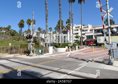 SAN CLEMENTE, CALIFORNIA - 18 OCT 2019: Train crossing at the Pier in the South Orange County Beach Town. Stock Photo