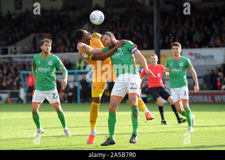 NEWPORT, WALES. OCTOBER 19TH Jamille Matt of Newport County battles Rory McArdle of Scunthorpe United during the Sky Bet League 2 match between Newport County and Scunthorpe United at Rodney Parade, Newport on Saturday 19th October 2019. (Credit: Jeff Thomas | MI News)Photograph may only be used for newspaper and/or magazine editorial purposes, license required for commercial use Credit: MI News & Sport /Alamy Live News Stock Photo