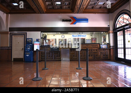 SANTA ANA, CALIFORNIA - 14 OCT 2019: Amtrak ticket counter inside the Santa Ana Train Station. Stock Photo