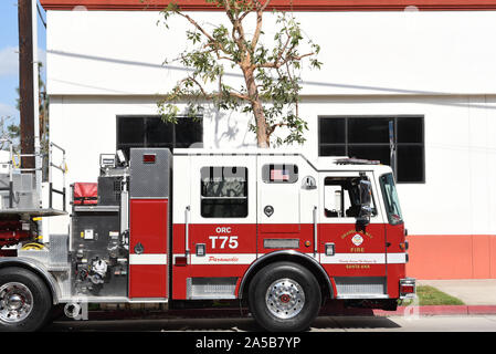 SANTA ANA, CALIFORNIA - 14 OCT 2019: Cab of an Orange County Fire Authority engine at the scene of an emergency. Stock Photo