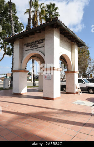 SANTA ANA, CALIFORNIA - 14 OCT 2019: Gazebo and sign at the entrance to the Santa Ana Train Station. Stock Photo