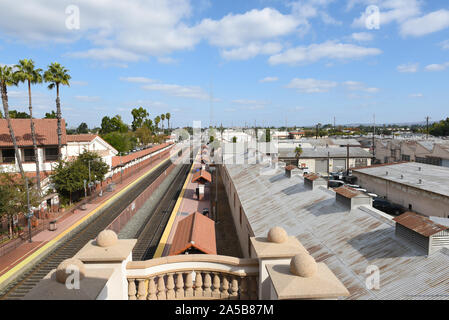 SANTA ANA, CALIFORNIA - 14 OCT 2019: Track and platforms at the Sant Ana Train Station seen from hte Elevated Walkway that spans the tracks. Stock Photo