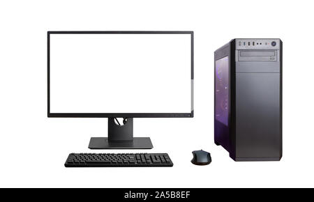 Personal comuter isolated. Display, case, keyboard and mouse. Isolated screen for mockup. Stock Photo