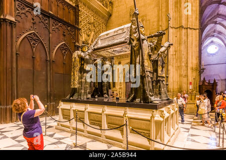 The tomb of Christopher Columbus in the Cathedral of Seville also known as Cathedral of Santa Maria in Seville Spain Stock Photo