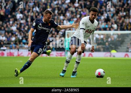 London, UK. 19th Oct, 2019. Dele Alli of Tottenham Hotspur and Tom Cleverley of Watford during the Premier League match between Tottenham Hotspur and Watford at Tottenham Hotspur Stadium, London, England on 19 October 2019. Photo by Tom Smeeth. Editorial use only, license required for commercial use. No use in betting, games or a single club/league/player publications. Credit: UK Sports Pics Ltd/Alamy Live News Stock Photo