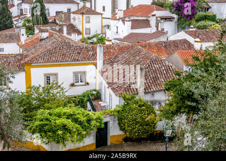 View looking down on weather worn rooftiles of whitewashed houses and urban gardens in landmark town Obidos, Portugal. Stock Photo