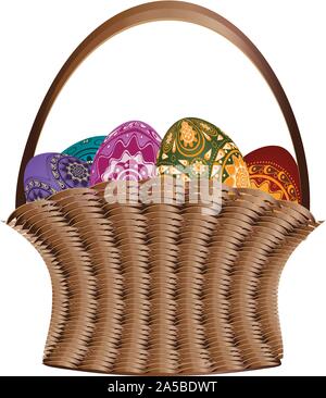 Woven basket with colorful easter eggs on white background. Stock Vector
