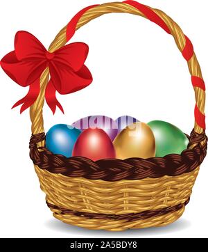 Wicker basket with glossy Easter eggs and a red bow. Stock Vector