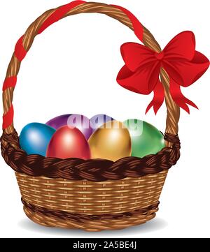 Wicker basket with glossy Easter eggs and a red bow. Stock Vector