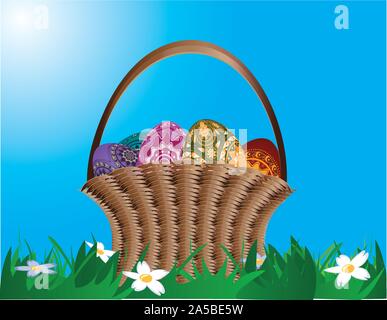 Easter card with a woven basket with colorful easter eggs on grass field. Stock Vector
