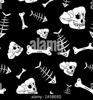 Seamless pattern made of skulls and bones in engravig style on black background. Halloween pattern. Stock Photo