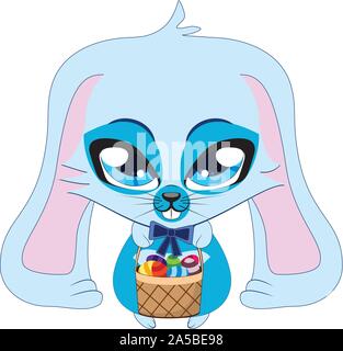 A cute blue bunny rabbit with a basket of Easter eggs. Stock Vector