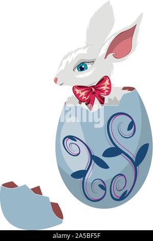 Cute Easter bunny sitting inside a colorful cracked egg. Stock Vector