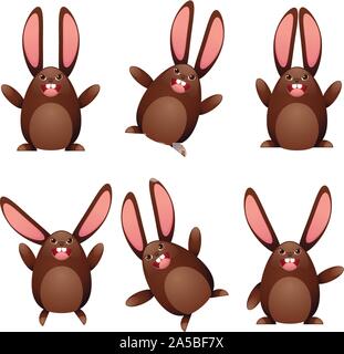 Set of cute chocolate egg shaped bunnies on white background. Stock Vector